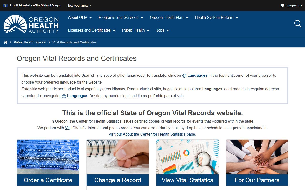 Oregon Health Authority Center for Health Statistics divorce record ordering page