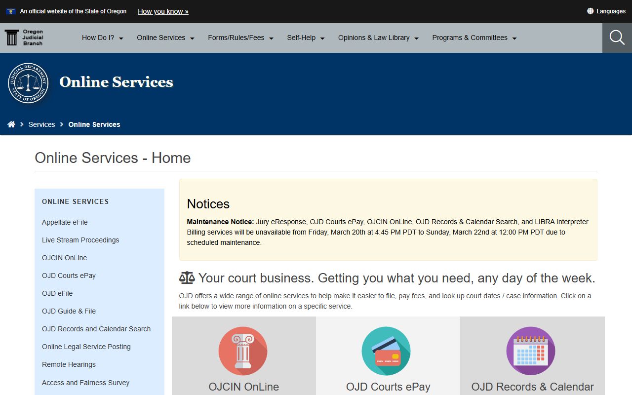Oregon Courts page showing dissolution of marriage forms available